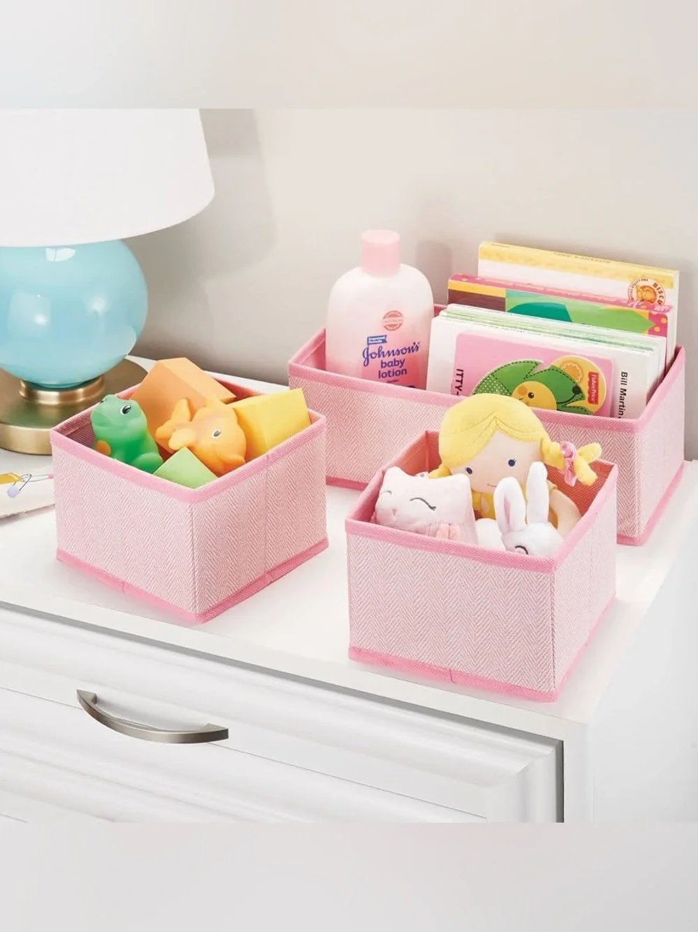 Pink Herringbone Fabric Storage Bin Baby Girl Organizer - Set of 3 NWT